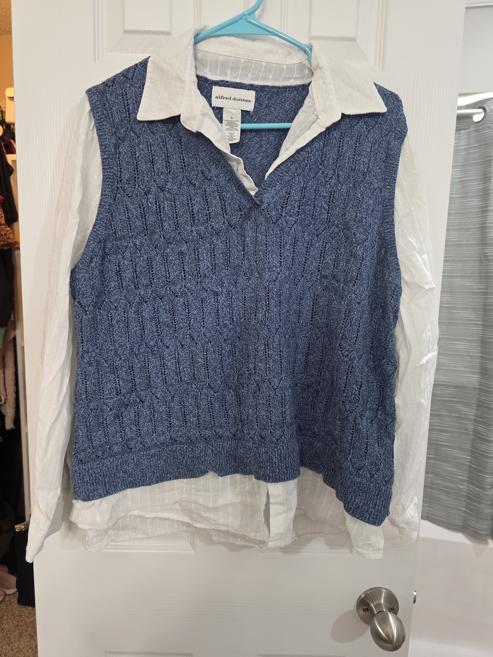 Alfred Dunner Blue Cable Knit V-Neck Sweater Vest With Undershirt